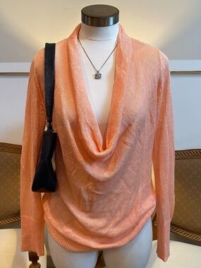 Lauren Hansen Peach Linen Cowl Neck Lightweight Open-Knit Sweater S